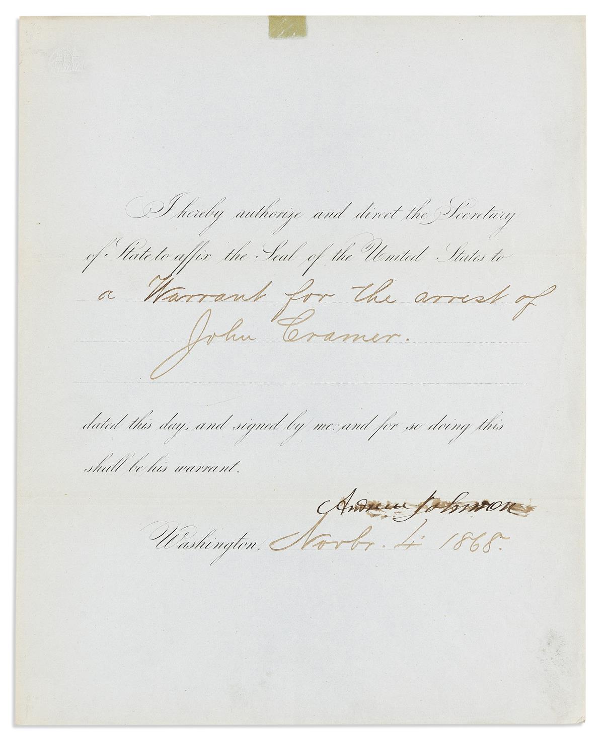 JOHNSON, ANDREW. Partly-printed Document Signed, as President,